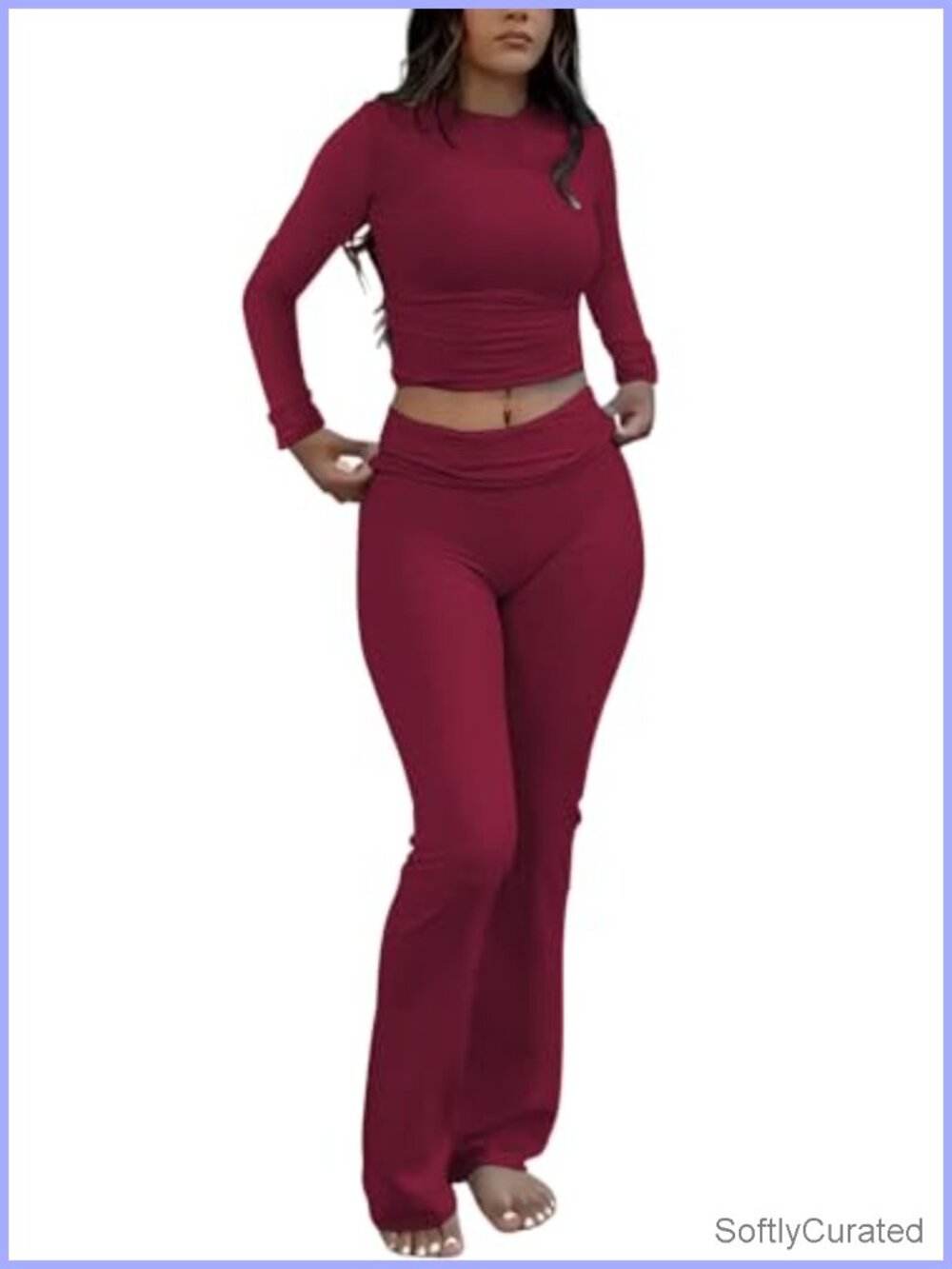 Long Sleeve High Waist Fold-Over Flared Leggings Pants Tracksuit Set Streetwear
